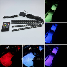 Підсвітка салону автомобіля Led RGB 4х12 USB (багатобарвна) + Музика