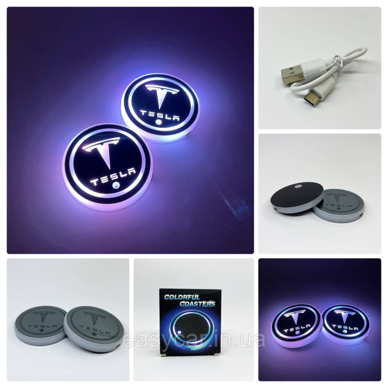 Підсвітка в підсклянник із логотипом TESLA з датчиком світла на акумуляторі Підсвітка в підсклянник із логотипом TESLA з датчиком світла на акумуляторі