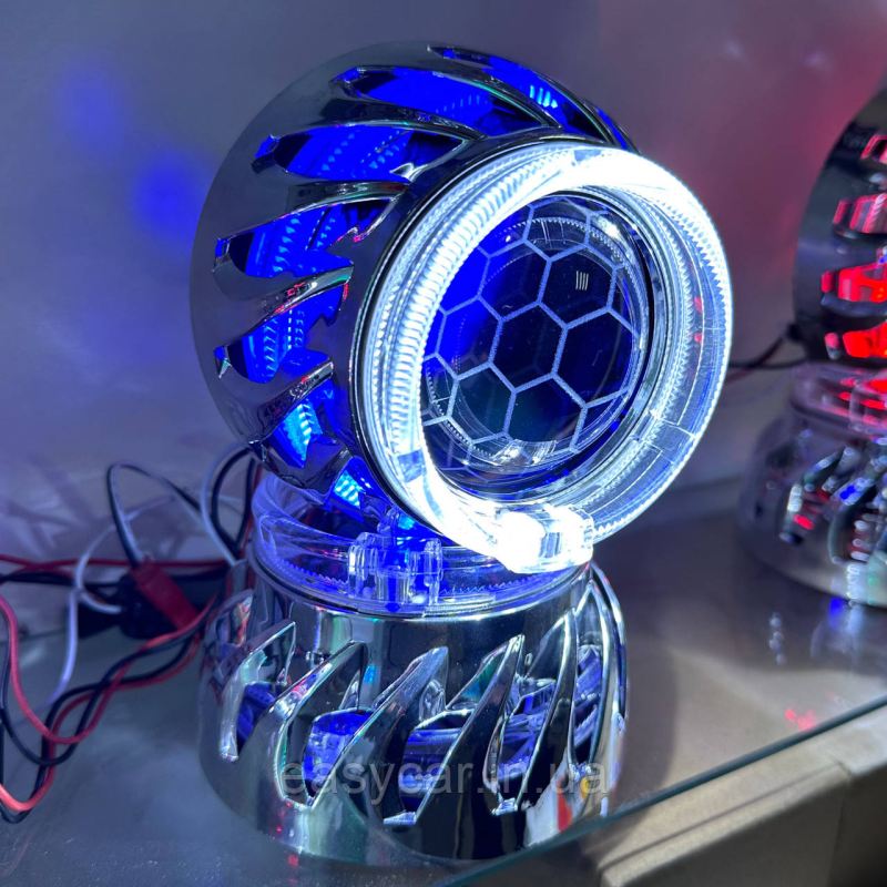 Комплект Бі-ксенонових лінз 2,5“ (64 mm) H1. З ангельськими оченятами БІЛІ + СИНІ