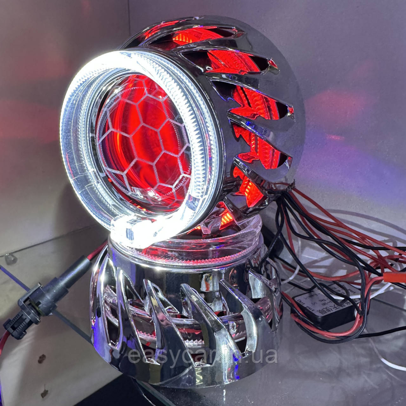 Комплект Бі-ксенонових лінз 2,5“ (64 mm) H1. З ангельськими оченятами БІЛІ + ЧЕРВОНІ